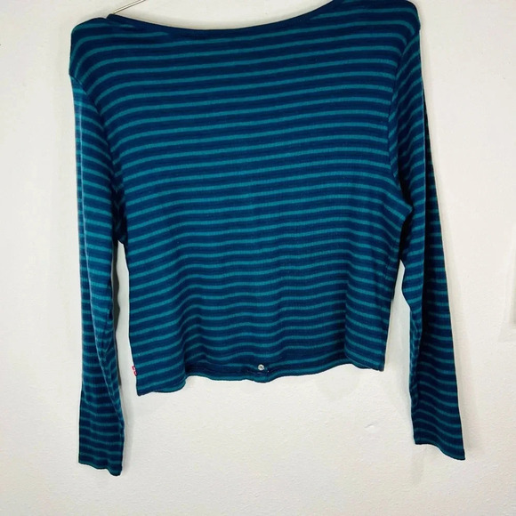 Levi’s Women’s LONG SLEEVE BRITT SNAP FRONT TOP  Green and Navy Stripes Size XL - Picture 11 of 12